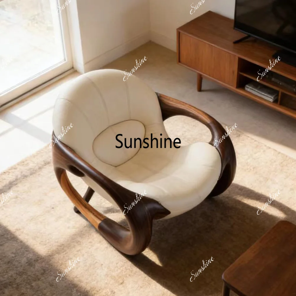 Modern Luxury Solid Wood Sofa Chair Single Curved Leather Lounge Chair Walnut Frame Living Room Villa Hotel Furniture
