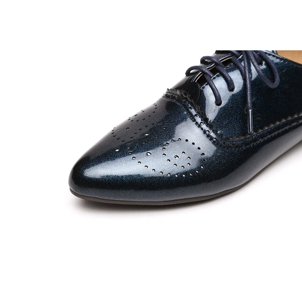 Brand New Fashion Women Glossy Oxfords Black Blue White Female Brogue Shoes Low Heels ASP51-5 Plus Big Size 32 43 10