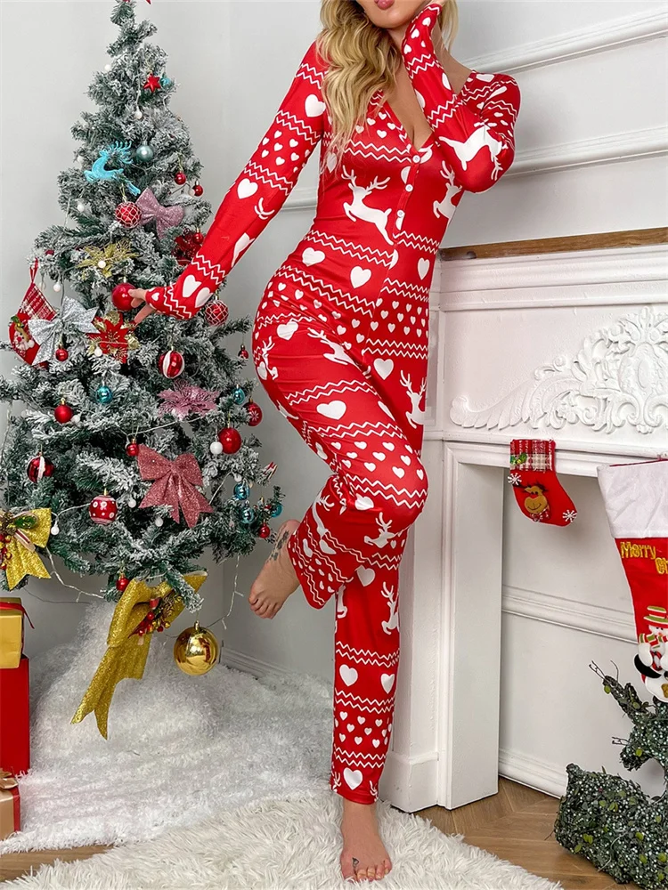 CHRONSTYLE Women Christmas Rompers Pajamas Long Sleeve V Neck Cartoon Snowflake Elk Print Button Up Long Homewear Jumpsuits 2022