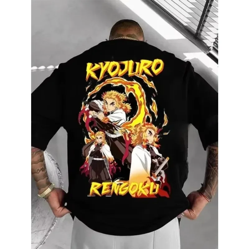 

Demon Slayer: Kimetsu No Yaiba Летняя мужская футболка японского аниме Kyojuro Rengoku хлопок Y2k для мальчиков детская с короткими рукавами