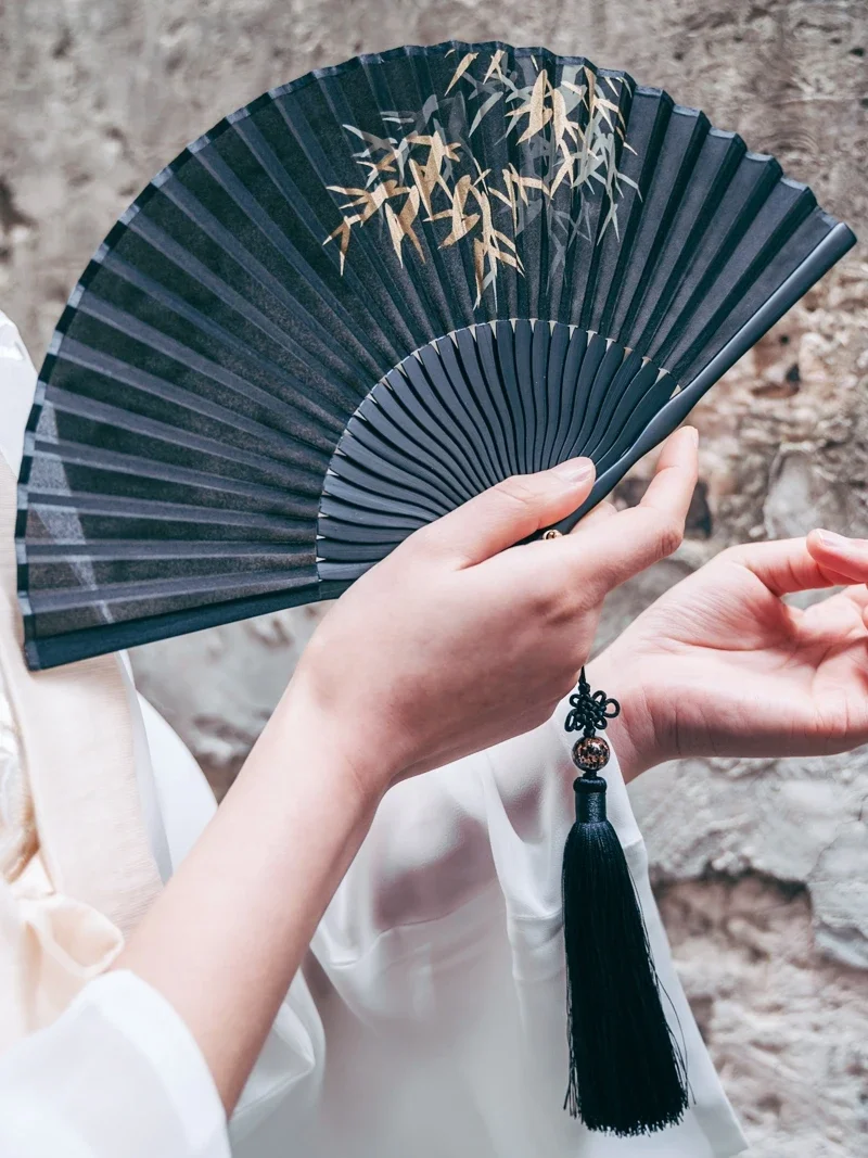 Original Black Silk  Folding Fan Chinese Style Ancient Style Bamboo Leaf Fan with Hanfu Cultural and Creative Gift