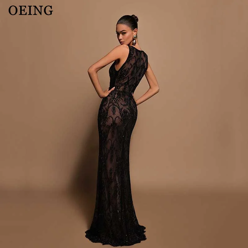 OEING Black Gala Prom Dress Sexy V-Neck Lace High Slit Luxury Beaded Evening Dresses Formal Occasion Gown Vestidos Para Mujer