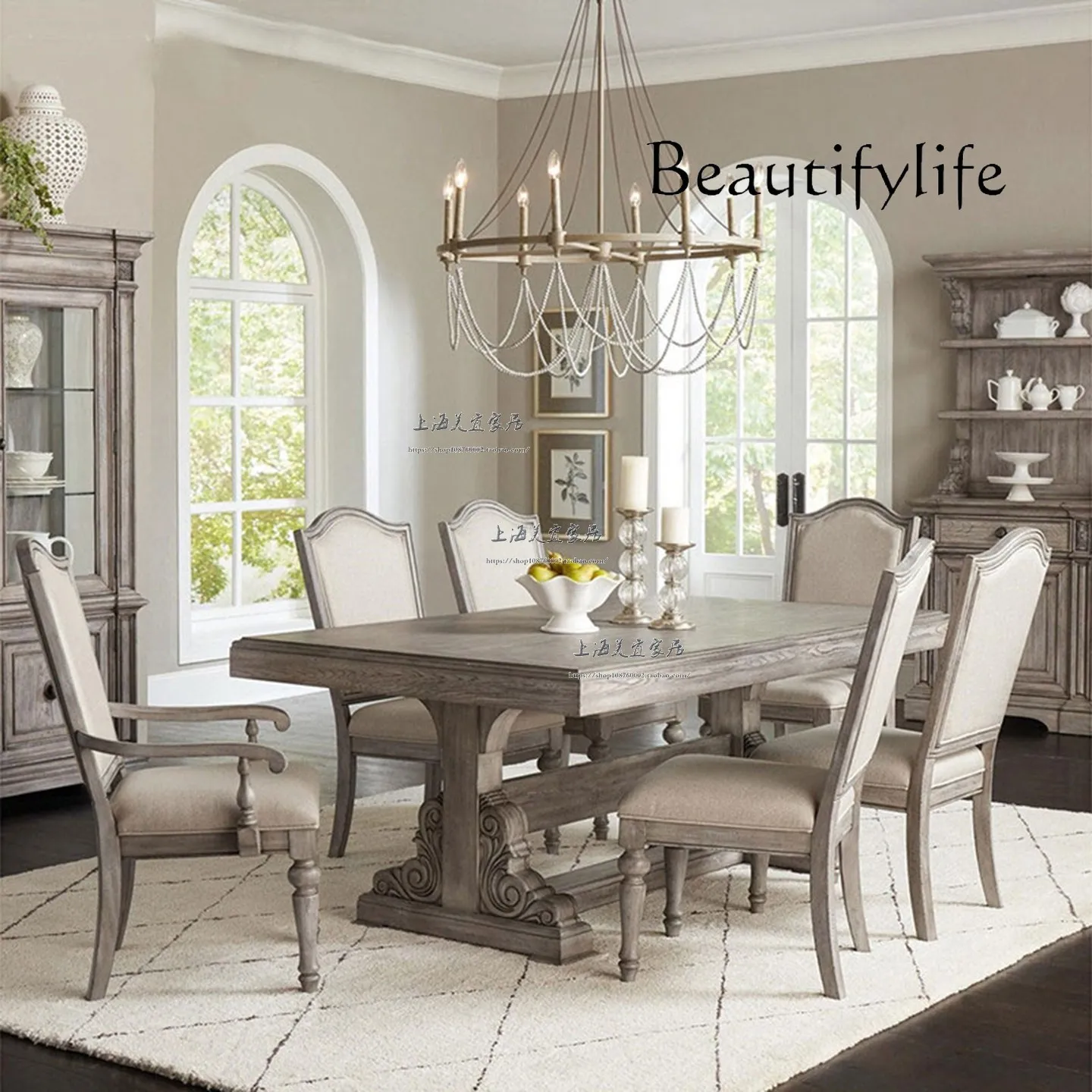 

O Solid wood retro gray dining table and chairs French medieval designer villa restaurant carved rectangle