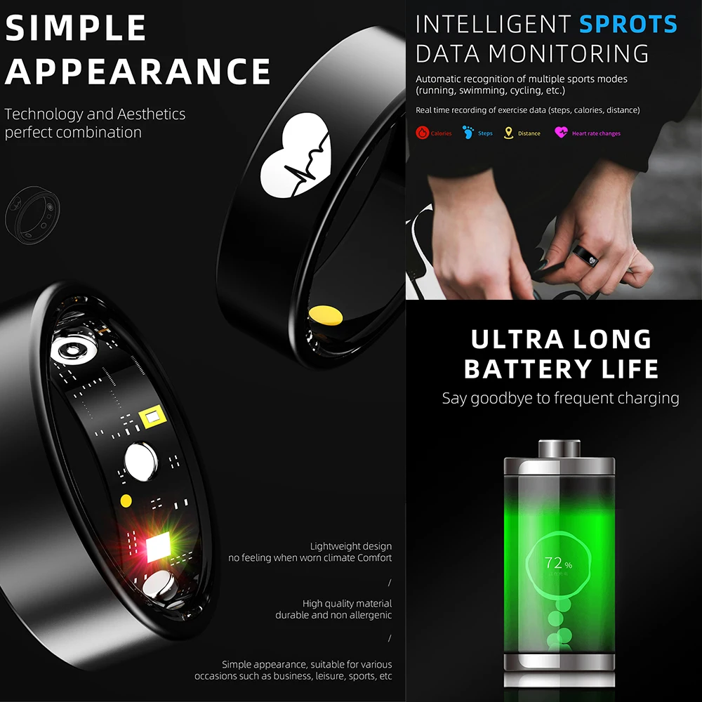 2025 Smart Ring Health Tracker ECG Frequenza cardiaca Pressione dell'ossigeno nel sangue Temperatura corporea Acciaio inossidabile IP68 Anello da dito impermeabile