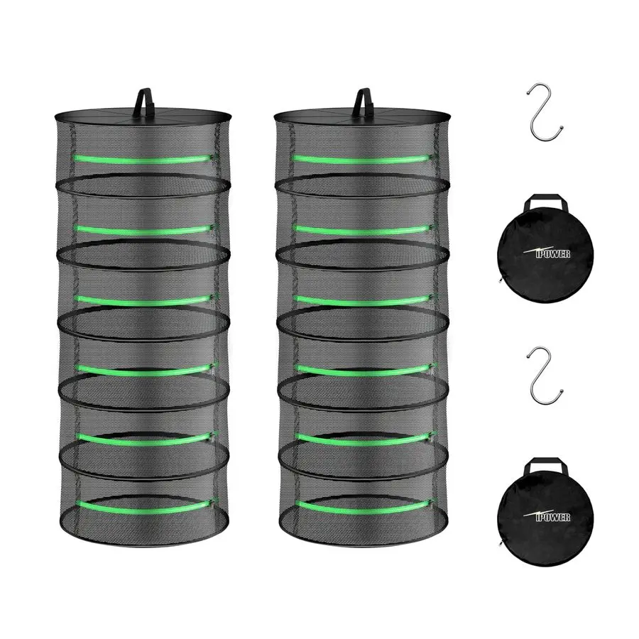 

2ft 6Layer Herb Drying Rack Breathable Mesh Hanging Dryer with Zippers Foldable Heavy Duty Ring for Garden Plant, Free Storage B