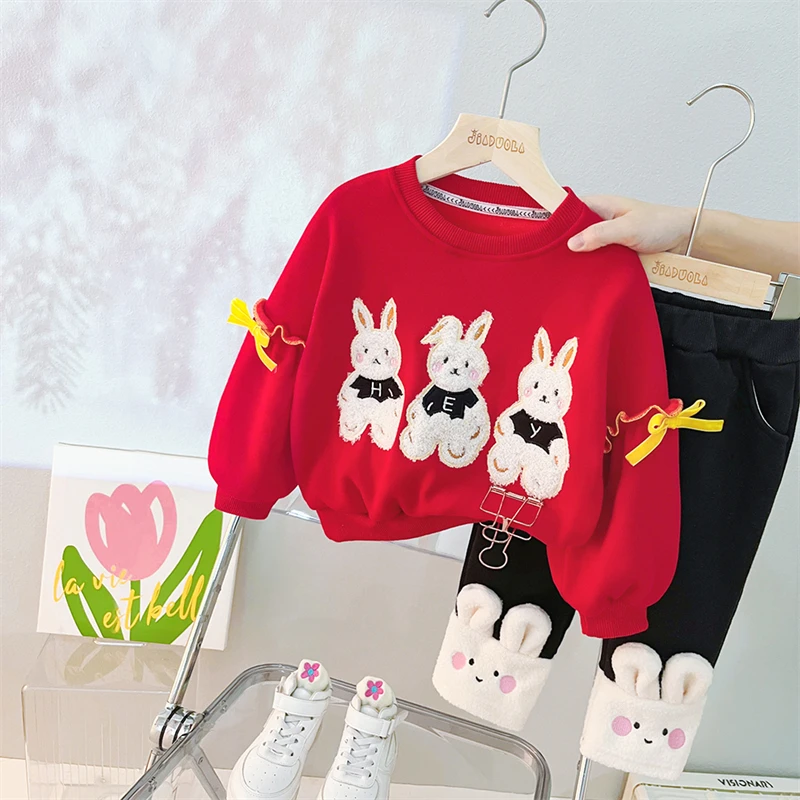 2022 Winter Baby Girls Plush Sweater Pants 2 Pieces Suit Children Clothing Sets Cartoon Kids Sportswear Infant Clothes Outfits