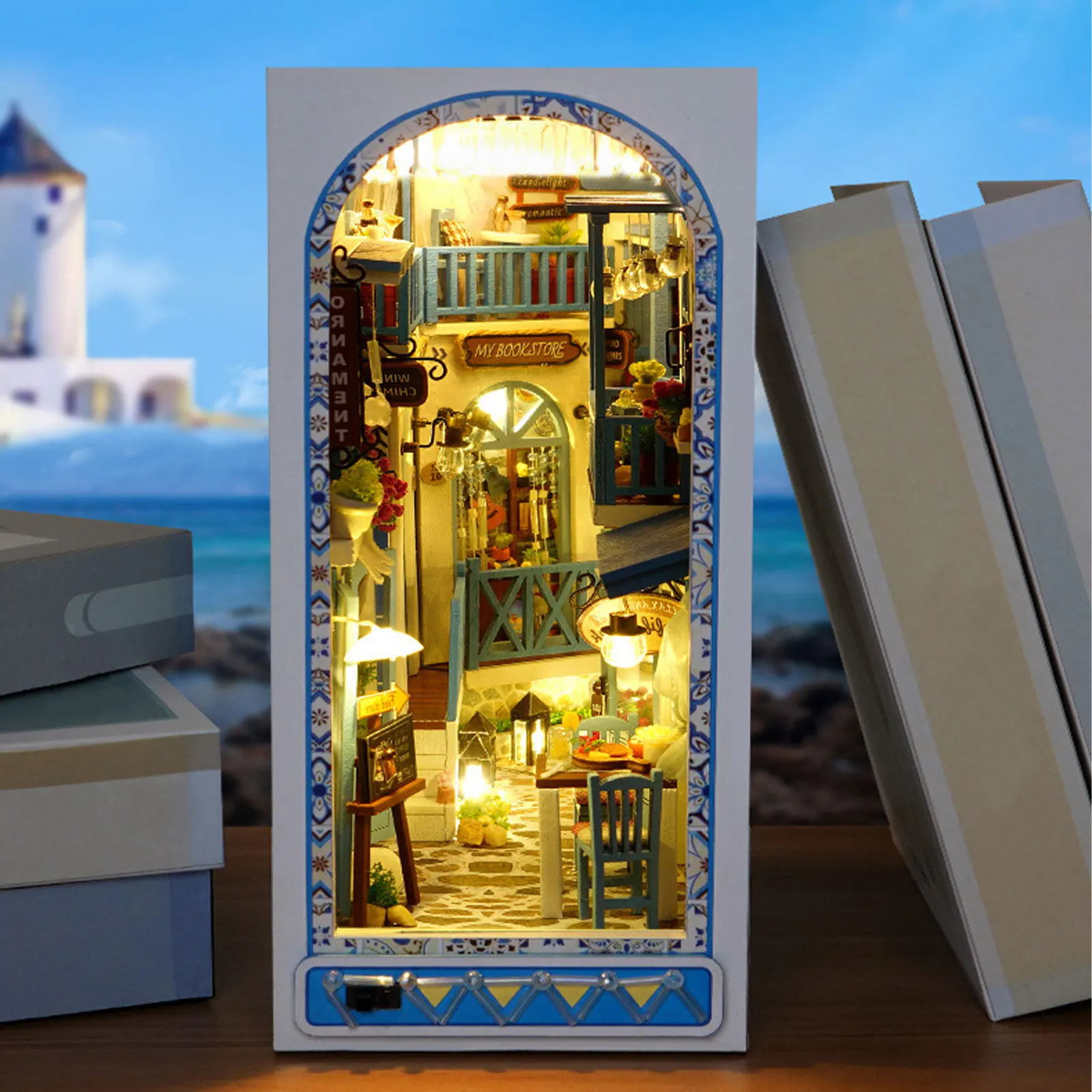 New DIY Book Nook Kit 3D Wooden Miniature Dollhouse Bookend Building with LED Light Bookshelf Decoration Birthday New Year Gifts