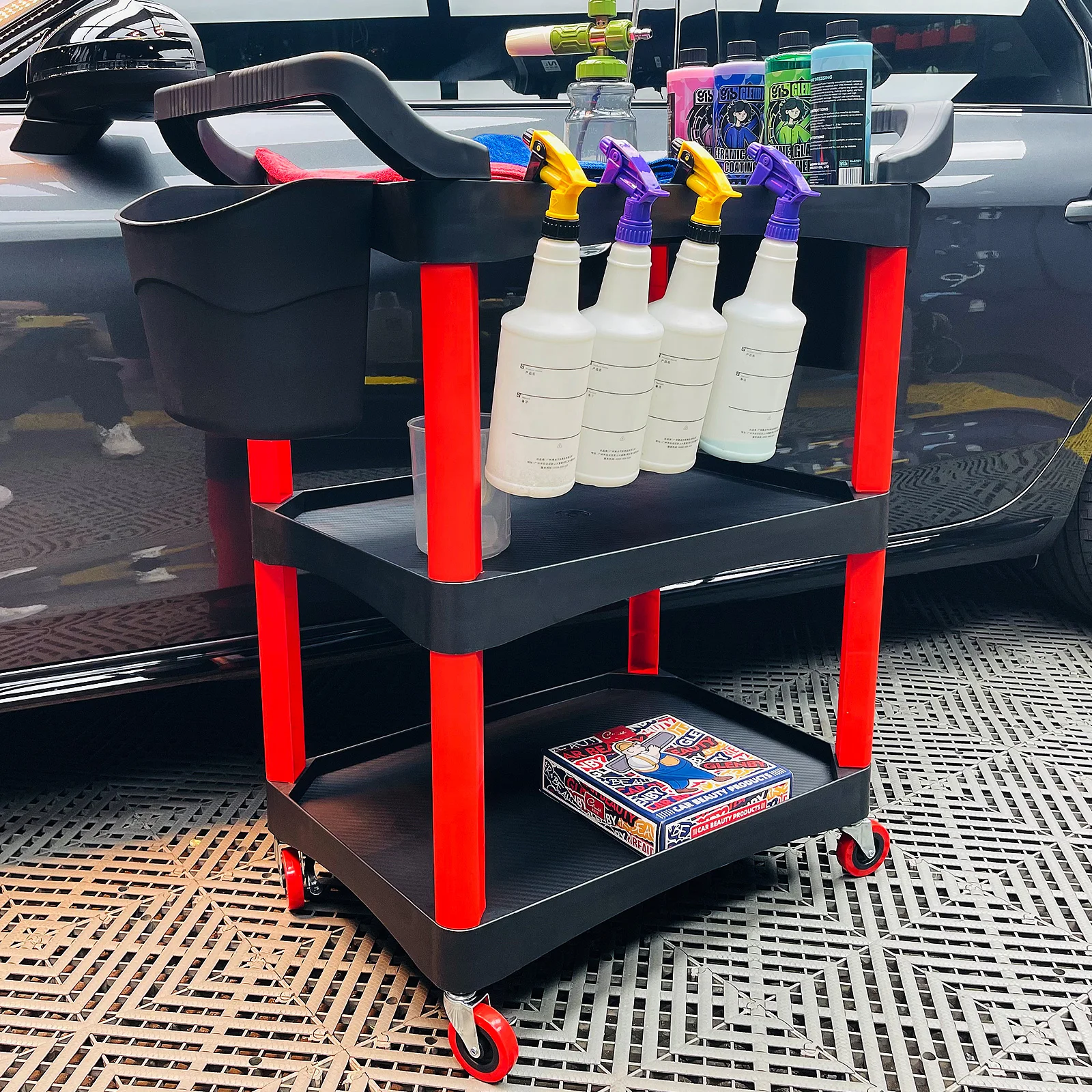 Car Repair and Car Wash Tool Storage Trolley Wheeled Beauty Tool Trolley 3-layer Multifunctional Mechanical Workshop Trolley