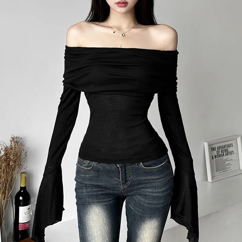 Fashion sexy slash-neck neck backless long sleeve T-shirt for women spring autumn solid color slim stacked trumpet sleeve tops