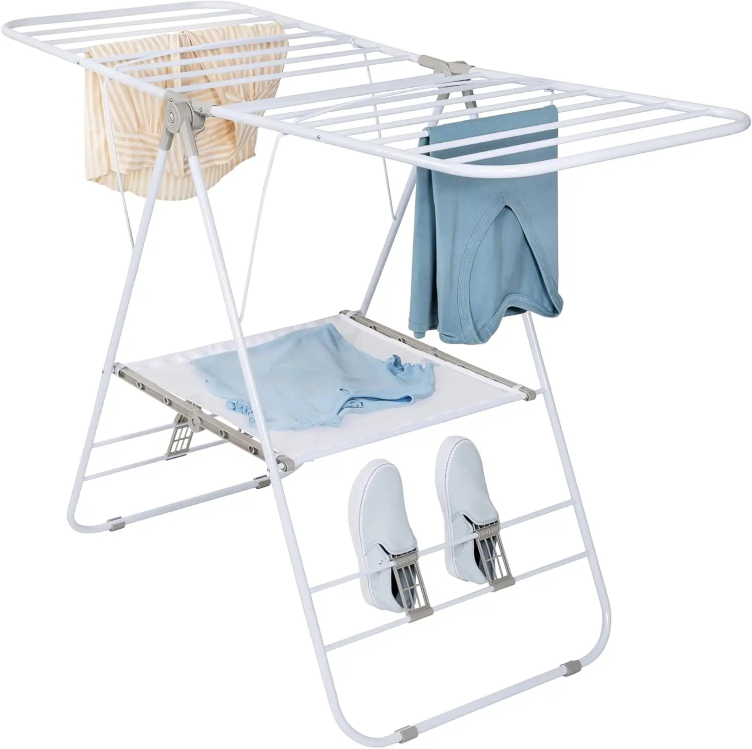 Heavy Duty Gullwing Drying Rack, White Metal Foldable, Portable, Space Saving, Includes Sweater Shelf and Shoe Drying Rack