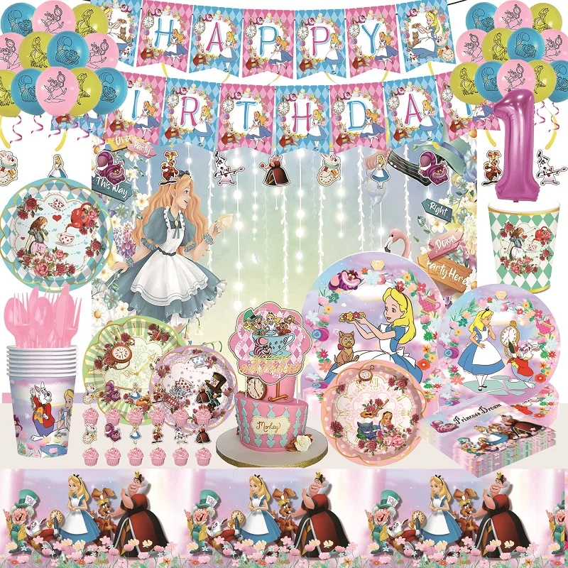 Reden Tische Alice im Wunderland Tee Party Liefert Mad Hatter Tassen Platten Servietten Hochzeiten Geburtstag Braut Dusche Dekoration