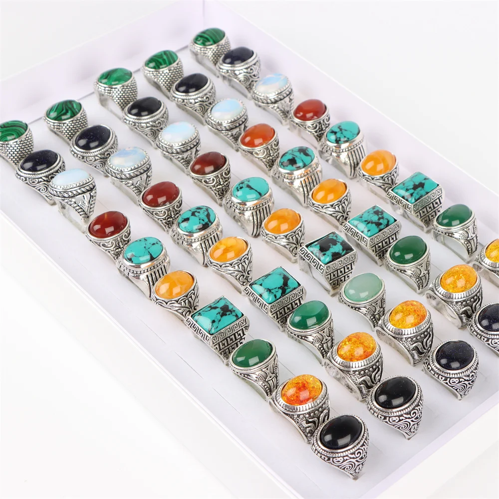 20Pcs/Lot Fashion Vintage Antique Natural Stone Rings Jewelry Gifts For Women Men Wedding Birthday Party