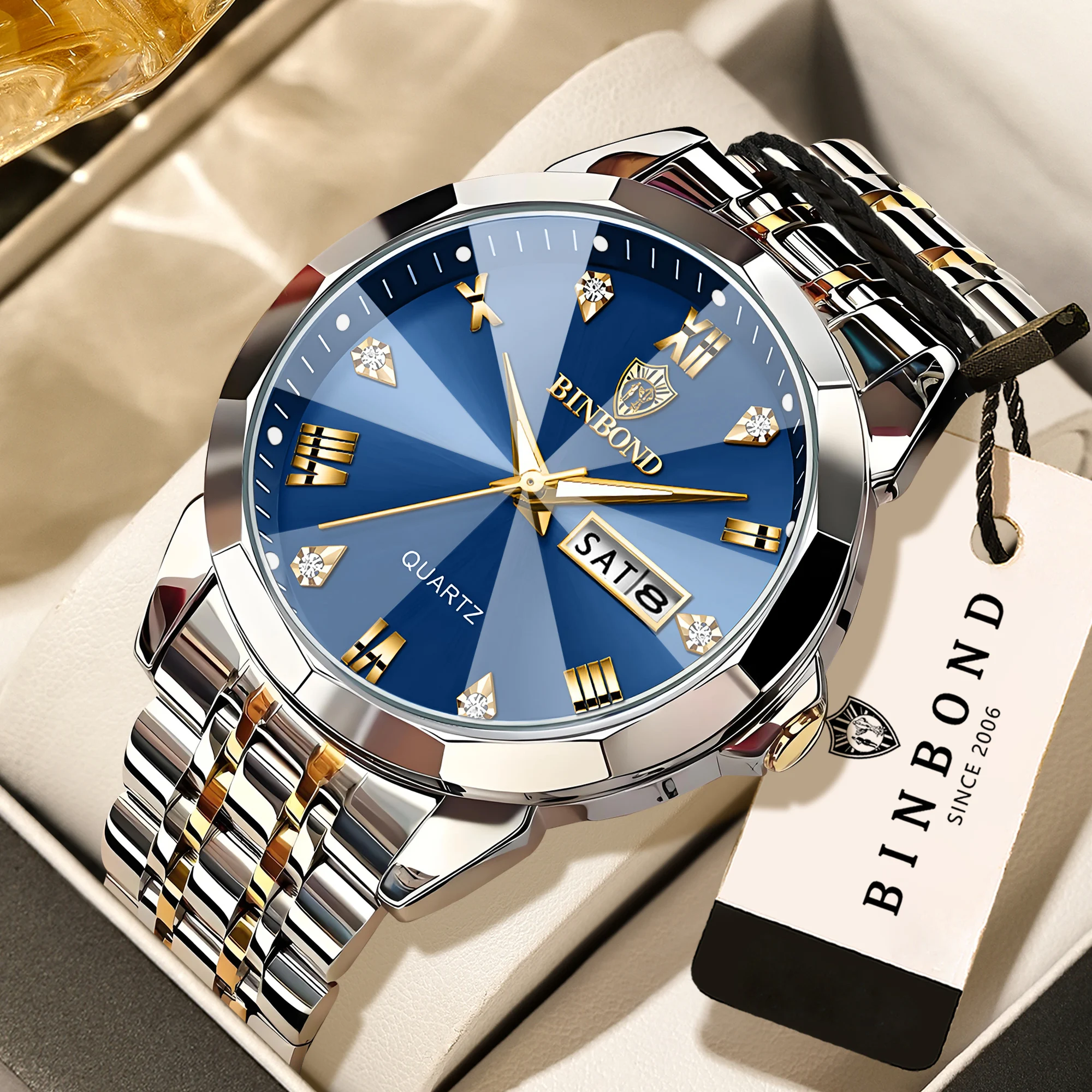 BINBOND Taper Glass Luxury Quartz Wristwatches for Men Luminous Waterproof Precise Durable Men's Watch for Business Casual Reloj