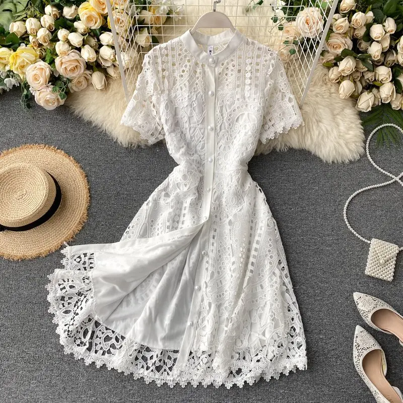 

Mid Length Dress Women Dresses A Line Vestidos White Hollow Out Round Neck Short Sleeve Single Breasted Elegant Y2k High Waist