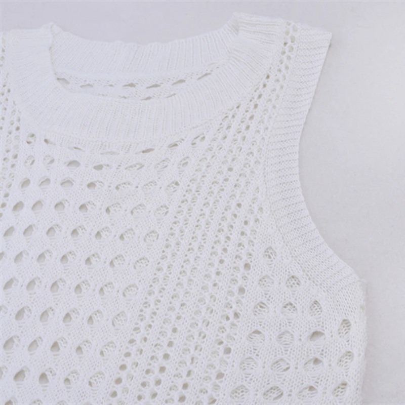 Women's Sexy Sleeveless High Slit Long Knit Dress Beach Crochet Bikini Cover-Up Summer Hollow out Swimsuit Robe