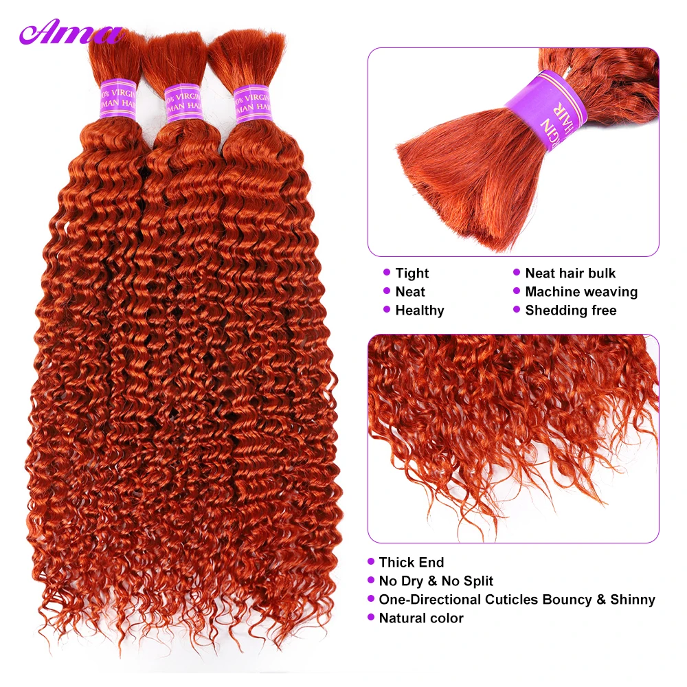 Ginger Bulk Cabelo humano para trança, Pacotes de cabelo humano de onda profunda, sem trama, extensões de cabelo colorido para mulheres, 100g