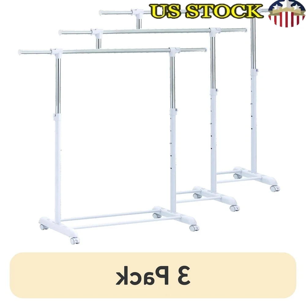 

Регулируемая вешалка для одежды на колесиках, 3 шт., металлическая, хромированная, белая, компактная конструкция, простая установка, хранение обуви