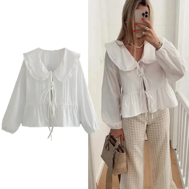 ASDS 2024 Elegant Women Blouse Long Sleeve White Woman Blouse Pleated Tied Blue Crop Top Spring Ruffle Collar Women's Blouses