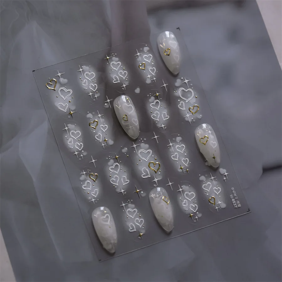 5D kabartma tırnak çıkartmalar sıcak damgalama altın gümüş beyaz kalp yapıştırıcı Nail Art etiketler 1 adet DIY japon çivi dekorasyon çıkartmaları