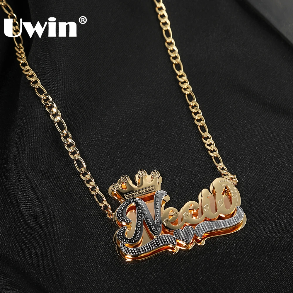 UWIN 3D Custom Nameplate with Crown Pendant Necklace Stacked Letters For Women Stainless Steel Fashion Hip Hop Jewelry for Gift