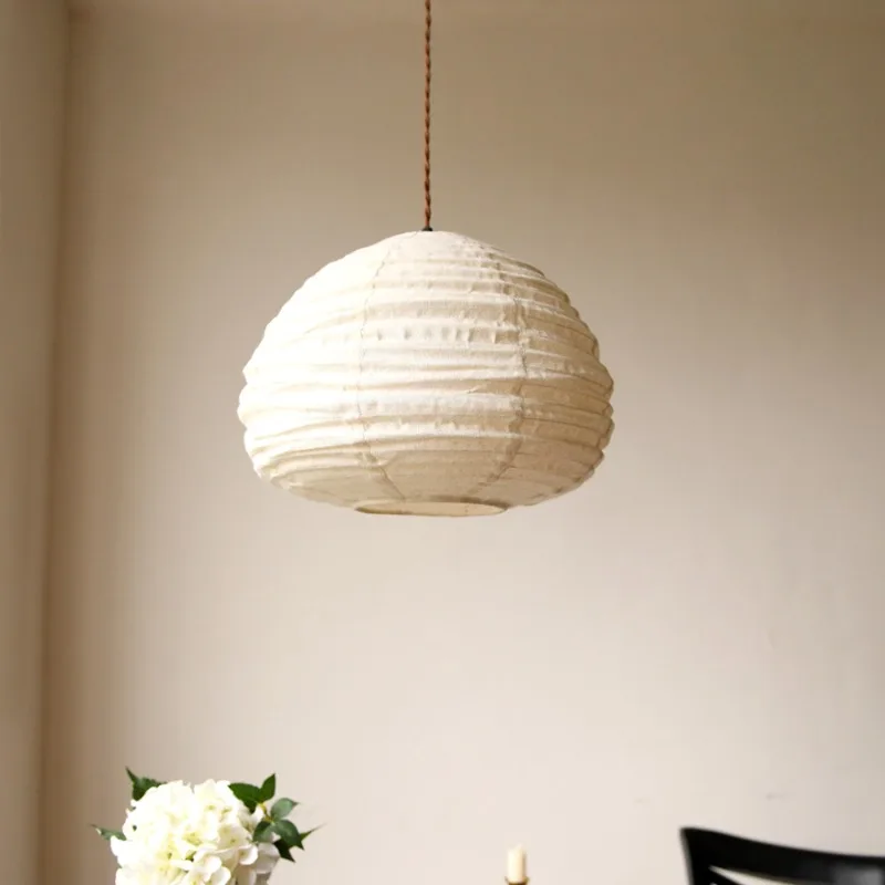Japanese Minimalist White Sphere Pendant Light LED Fabric Lampshade Living Room Bedroom Teahouse