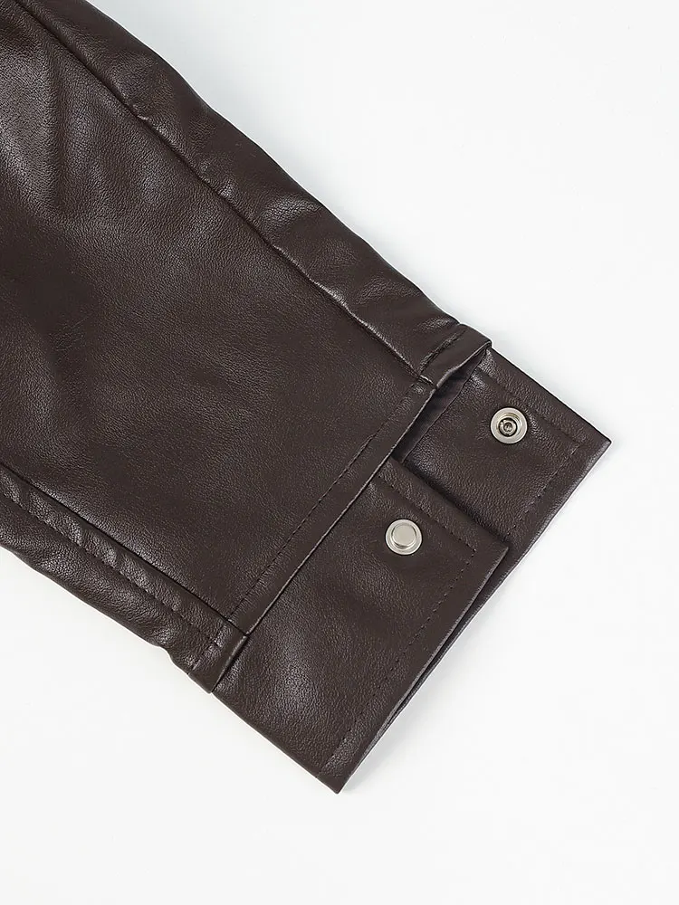 Nieuwe bruine oversized kunstleer dames winterjas met kraag en ritsjas Vintage Koreaanse populaire dameskleding bovenkleding top