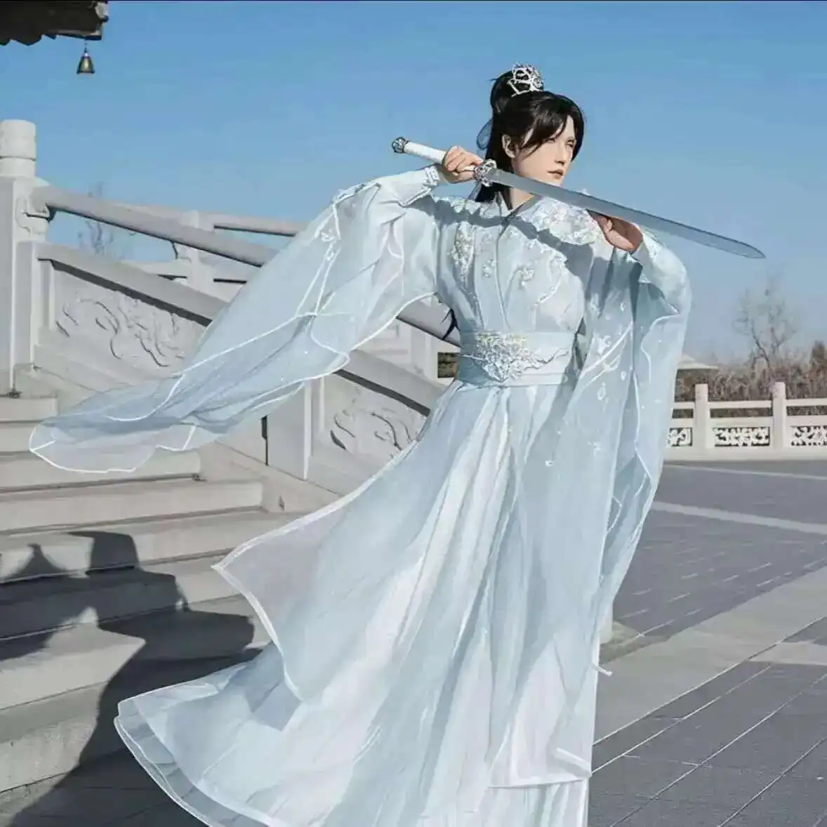 حجم كبير 3XL Hanfu الرجال الصينية المطرزة الأبيض تأثيري حلي القديمة Hanfu مجموعة زي هالوين تنكري الضوء الأزرق Hanfu