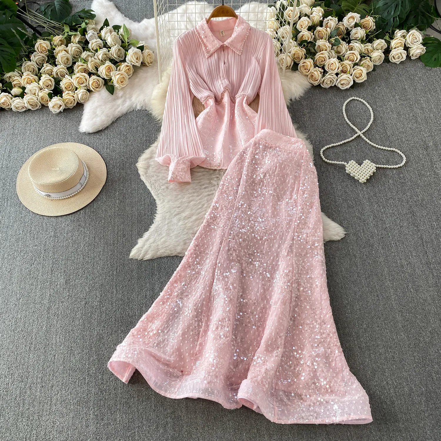 Women Pink Pleated Waist-cinching Long Sleeve Blouse &  Elastic Waist Sequined Skirt 2 Piece Outfit Elegant Formal Matching Set
