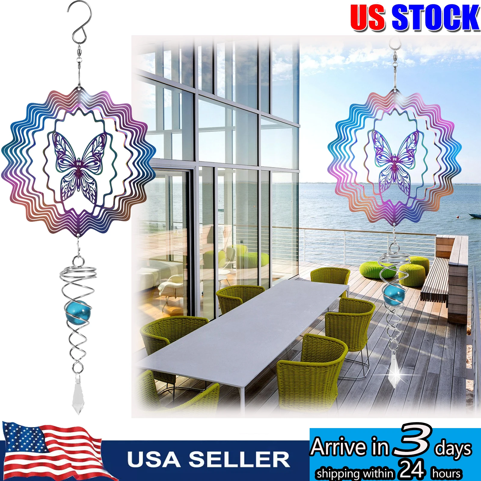 Hanging Wind Spinners for Garden Colorful Butterfly Wind Chimes 3D Metal Rotating Windchime For Indoor Outdoor Kinetic Yard Art