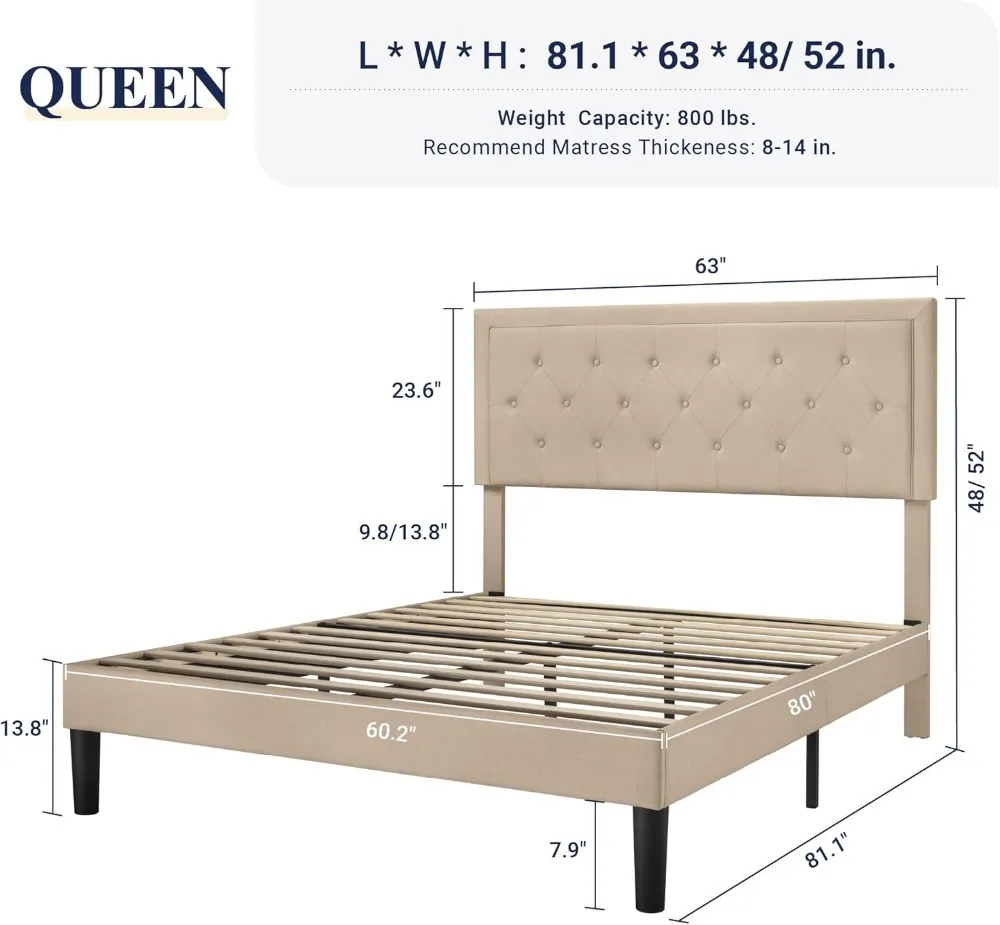 Cadre de lit rembourré Queen Size avec tête de lit réglable, support à lattes en bois et sommier de matelas en beige