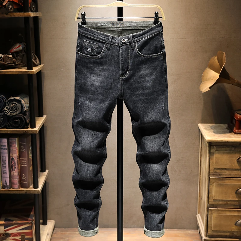 

Slim Fit Men's Denim Jeans Trendy Bla ey Elastic Casual Long Trousers Autumn New Arrival Youth Faion Straight Leg Jeans