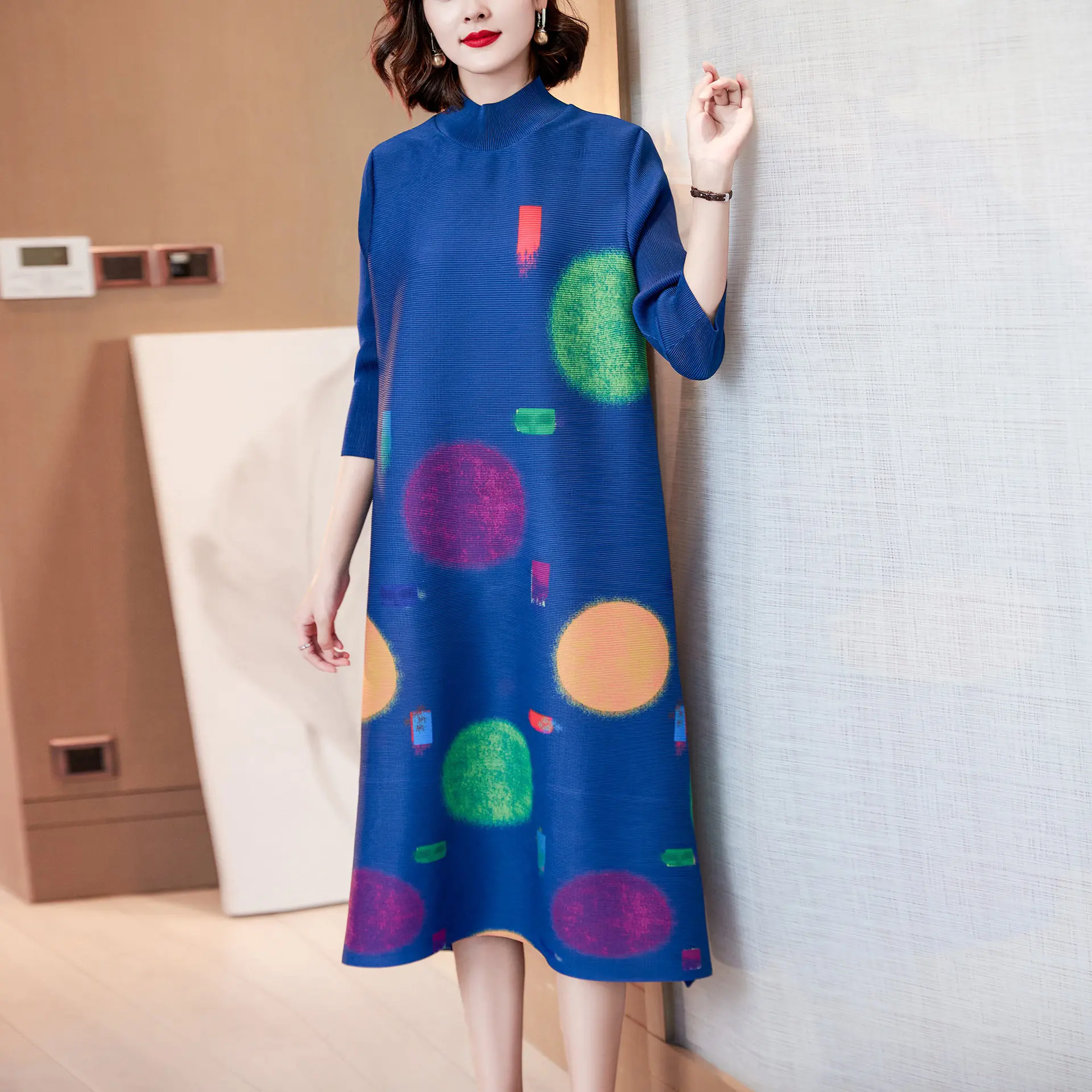 

Pleated Colorful Print Dress 2023 Summer New Loose Half High Neck Long Dress fashion woman blouse 2023