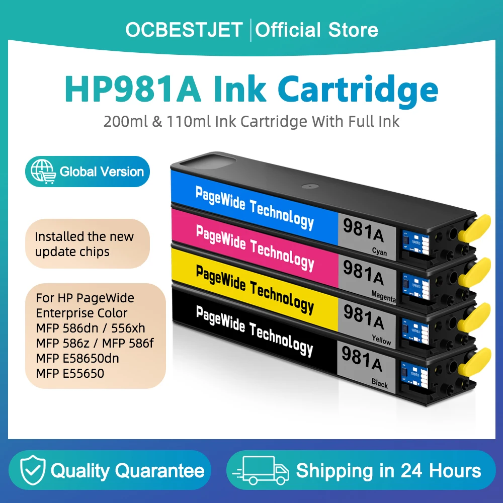 لخراطيش الحبر الكاملة HP 981A مع حبر الصباغ لـ HP PageWide Enterprise Color 586dn 556xh 586z 586f 556 586 E55650 E58650 #1