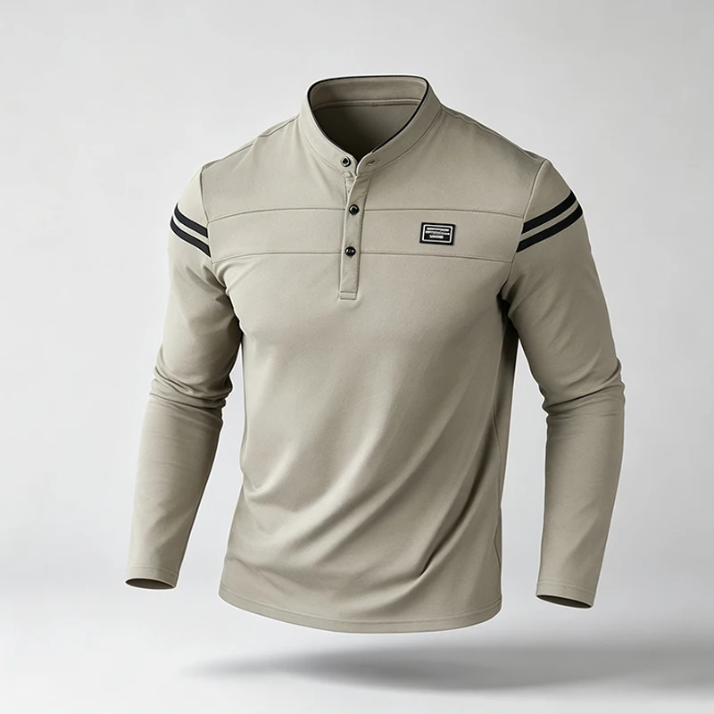Herren Stehkragen Langarm-Poloshirt mit Knopfleiste, Brustpaneel-Emblem, Doppelstreifen am Ärmel, reguläre Passform, Business-Casual-Alltagsoberteil – Detail 4