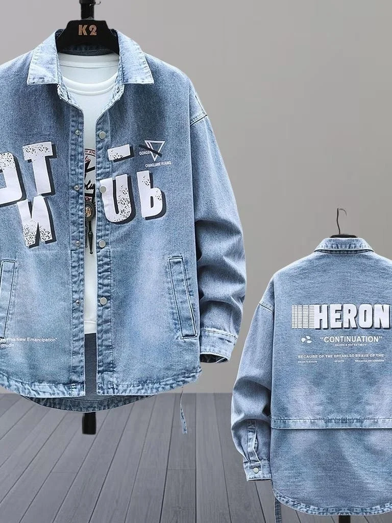 

Loose Fit Printed Collar Denim irt Jaet for Men Casual Youth Sle Long Sve Autumn Spring Faion Outerwear