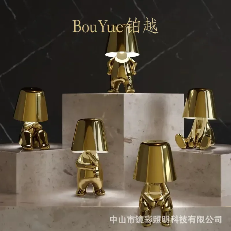 Golden Thinker Statue Desk Lamp Creative Resin Figurine Night Light Home Office Decorative Ornament Modern Art Table Lighting