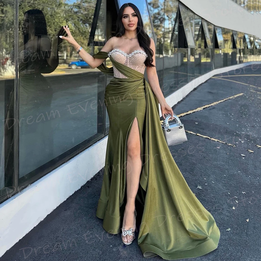 Graceful Green Women's Mermaid Elegant Evening Dresses One Shoulder Sweetheart Prom Gowns Side High Split فساتين سهره شارون سعيد