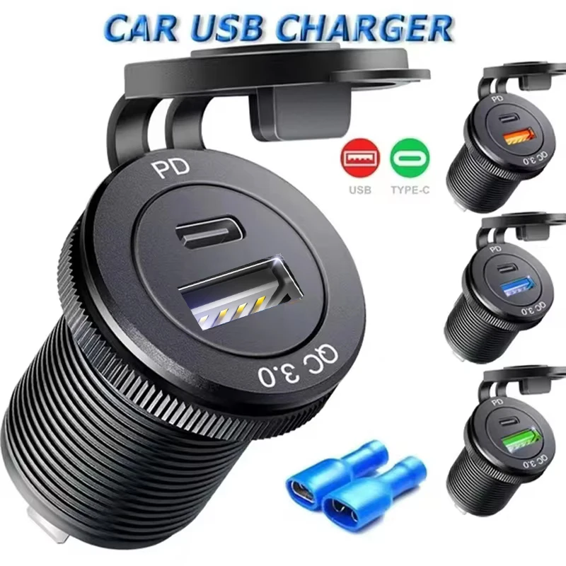 

12/24V Aluminium Metal USB Outlet USB C Car Charger Socket USB Outlet 24V Cigarette Lighter fast charging for Car Boat Marine RV