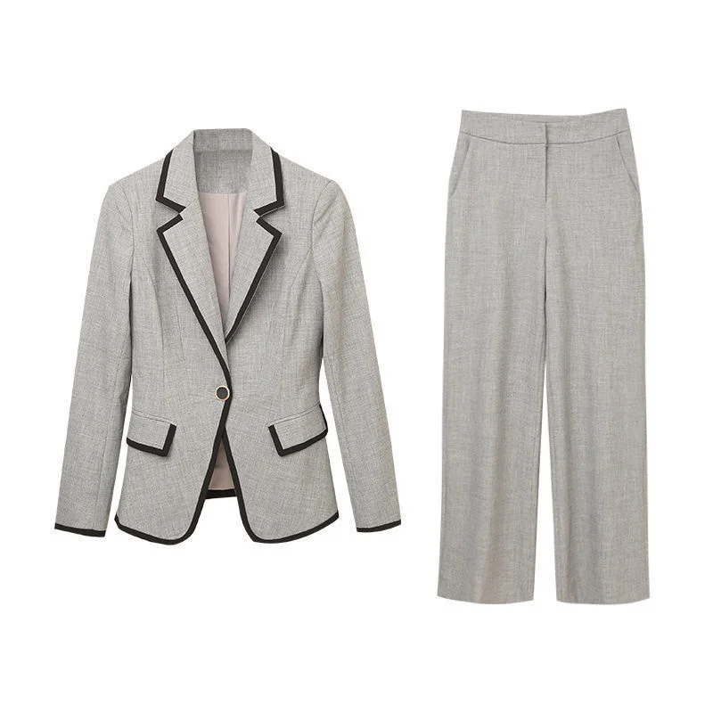 

2022 Spring Autumn New Women Gray Suit Coat Female Korean Fashion Lady Xiaoxiangfeng Professional Wide-leg Pants Two-piece A1210