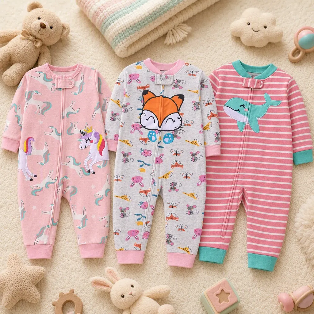 6-24 Monate Kleinkind Mädchen Doppelseitiger Baumwoll-Reißverschluss-Strampler Gestreifter Cartoon-Druck Tier-Stickerei Overall Ganzjahres-Babykleidung