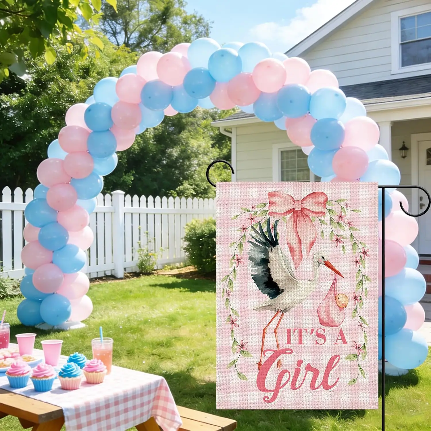 It's a Girl Gender Reveal Decorative Garden Flag, Newborn Stork Pink Plaid Small Yard Outside Decoration Gift for New Da ZZM