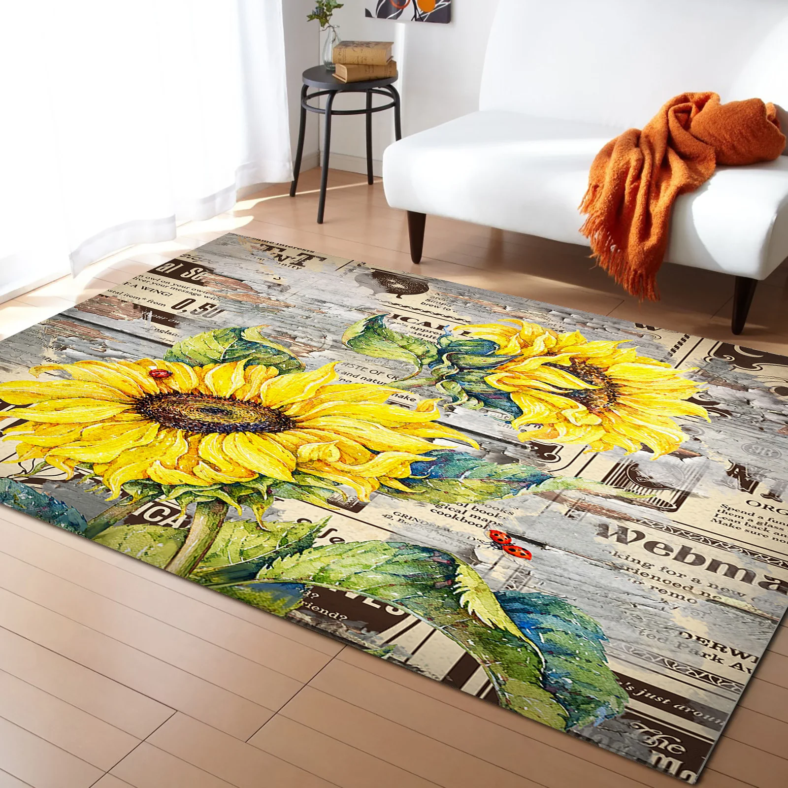 

Sunflower Wood Grain Retro Plant Flower Carpet Area Rug Children's Room Living Room Bedroom Home Play Decoration Large Floor Mat