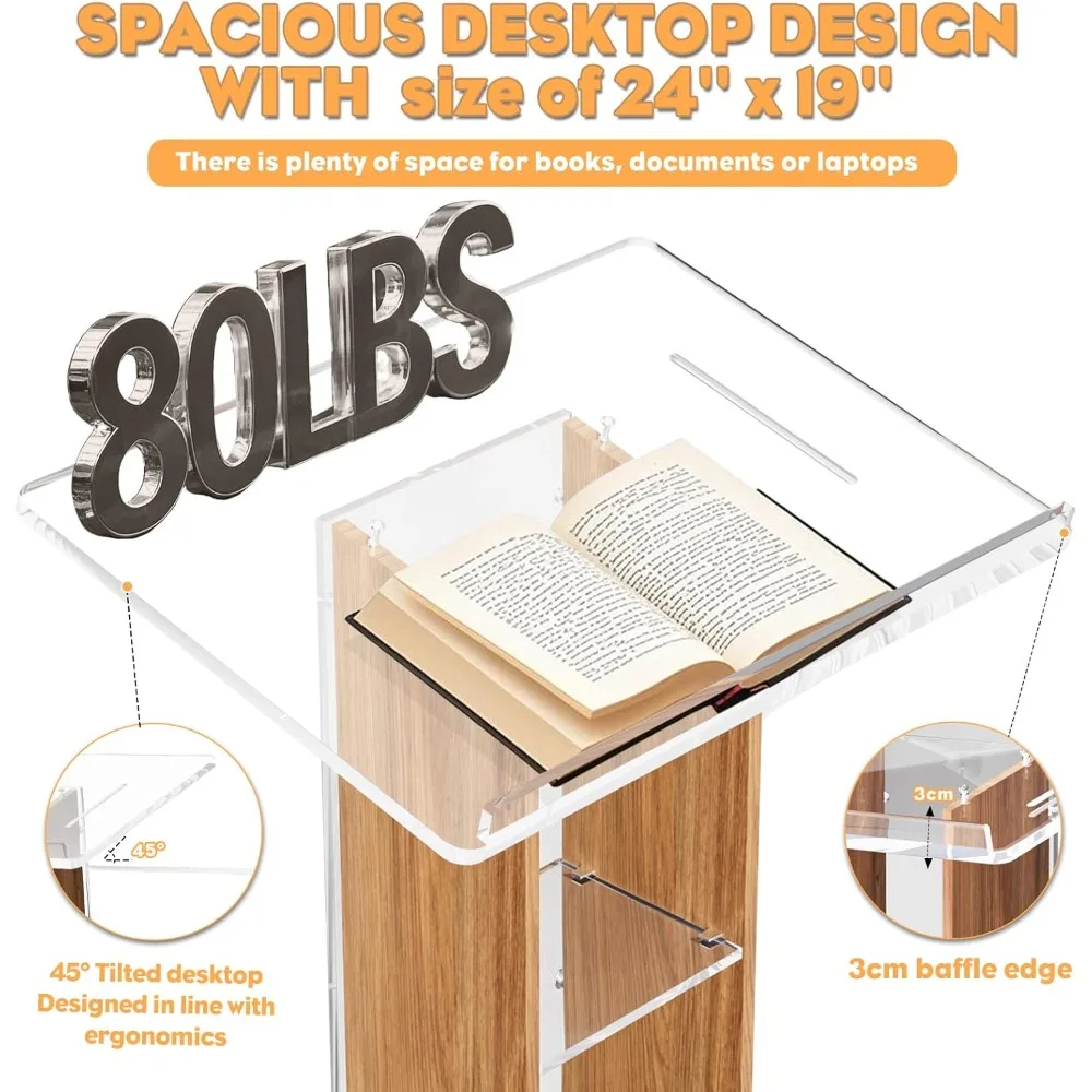 説教や講義用の木製フレームとロック可能な車輪付きのポータブルアクリル製教会説教壇