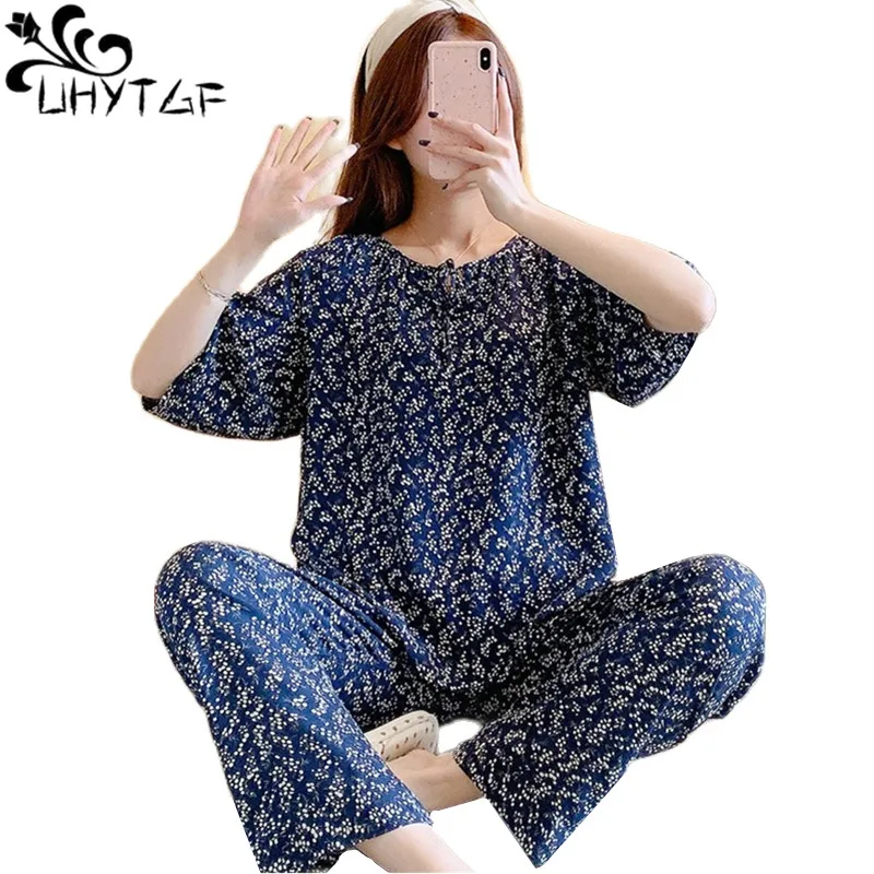 

UHYTGF 2022 New Women Home Clothes Printed Cotton Silk Spring Summer Pajamas Set Female Short-Sleeved Youth Thin Nightgown 2483