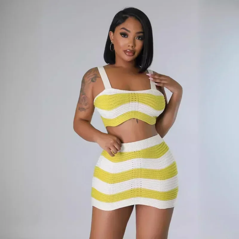 

GUWU Striped Knitted 2 Piece Outfit for Women Holiday Vest Crop Top and Mini Skirt Sets Club Party Summer Vacation Matching Sets