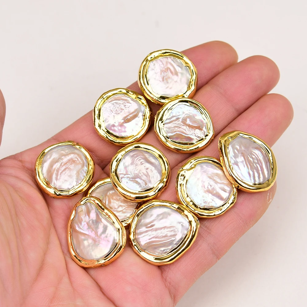 Imagem -04 - Apdgg-água Doce Cultivada Branco Keshi com Moeda Rosa Pérola Banhado a Ouro Borda Miçangas Conjunto de Moldura Atacado 10 Pcs