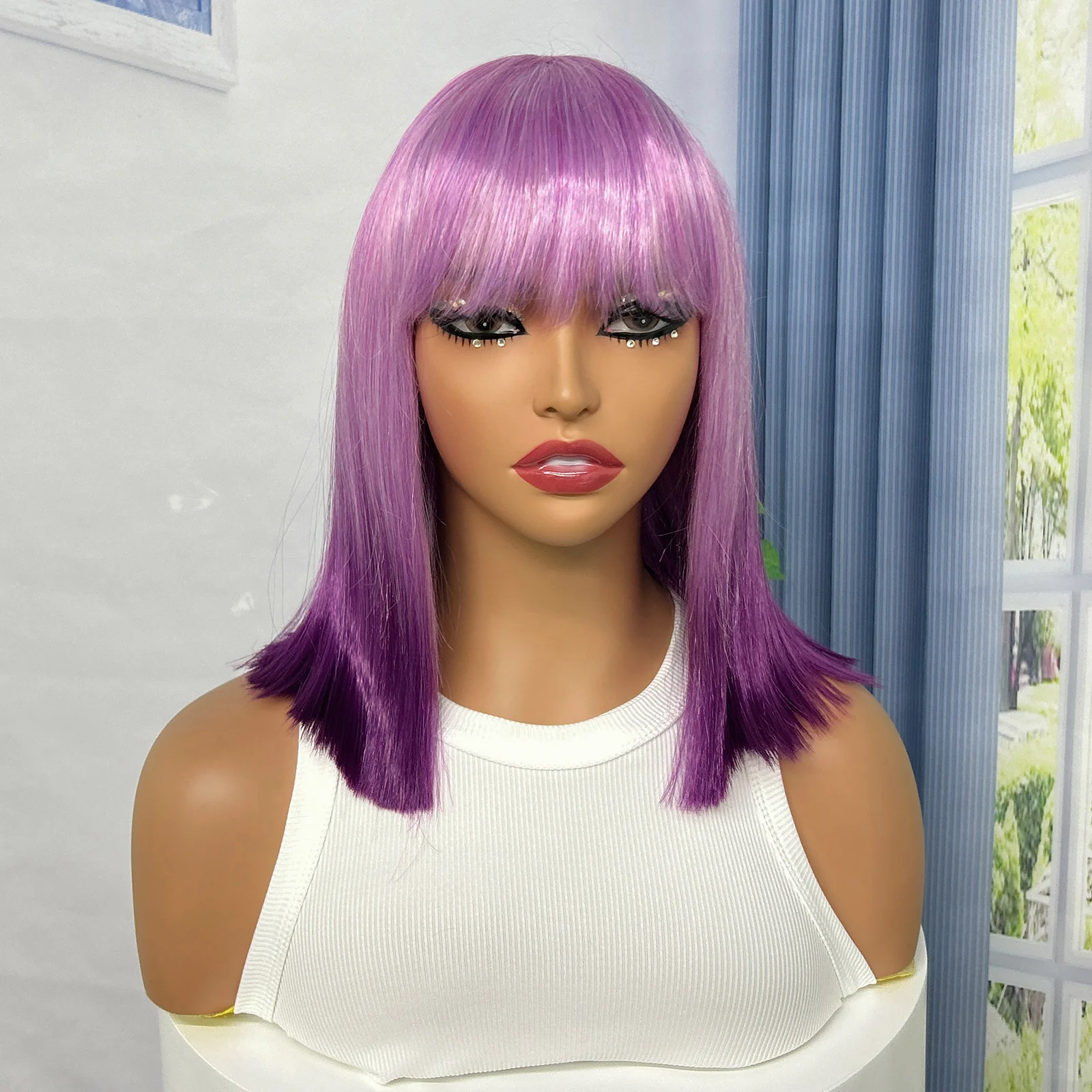 12 Inches Short Bob Wigs Cosplay Synthetic Wigs Machine Made Purple Straight Ombre Color Wigs for Women Heat Resistant