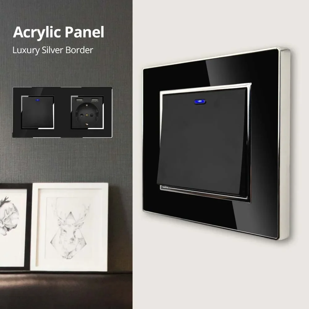 Wallpad-Panel acrílico negro, interruptor de luz de pared con borde plateado, atenuador LED, carga USB, toma de corriente europea, 5, 6, 7, 8, reinicio de 2 vías