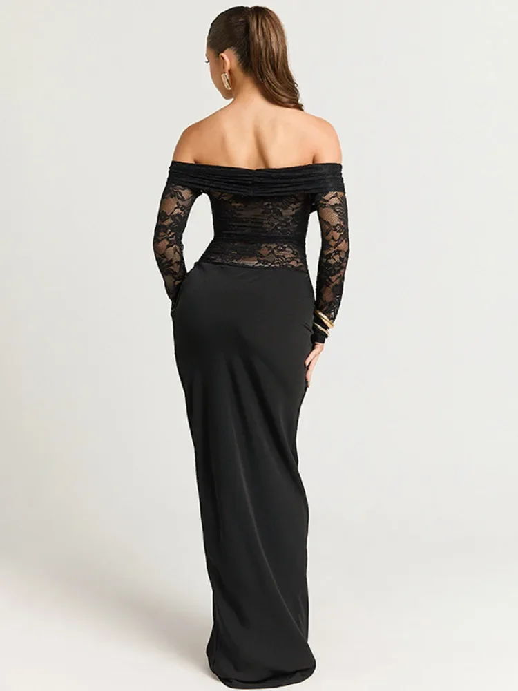 Chaxiaoa renda fora do ombro manga longa sexy maxi vestido feminino moda sem alças sem costas cintura alta bodycon clube vestido de festa