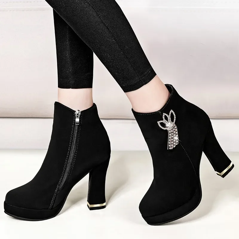 Comemore Autumn winter 2022 New High-heeled Ankle Boots Sexy Fashion Boots for Women Rhinestone Thick Heeled Platform Short Boot